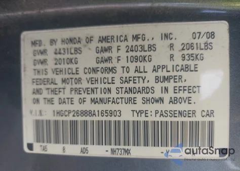 2008 Honda Accord 2.4 Ex-L из США, поврежденный, VIN 1HGCP26888A165903